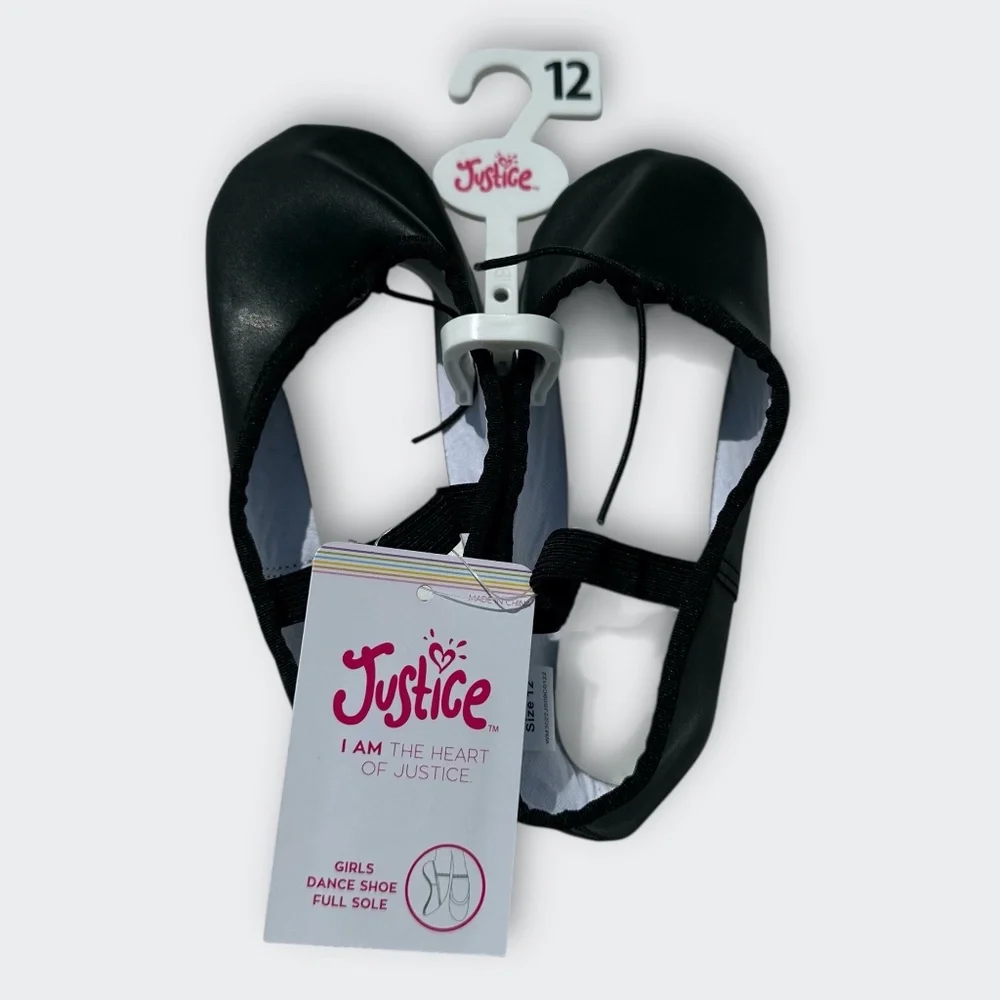 Justice Girls Ballet Shoes Dance Class Leather Sole Adjust Strap Black 12 NEW